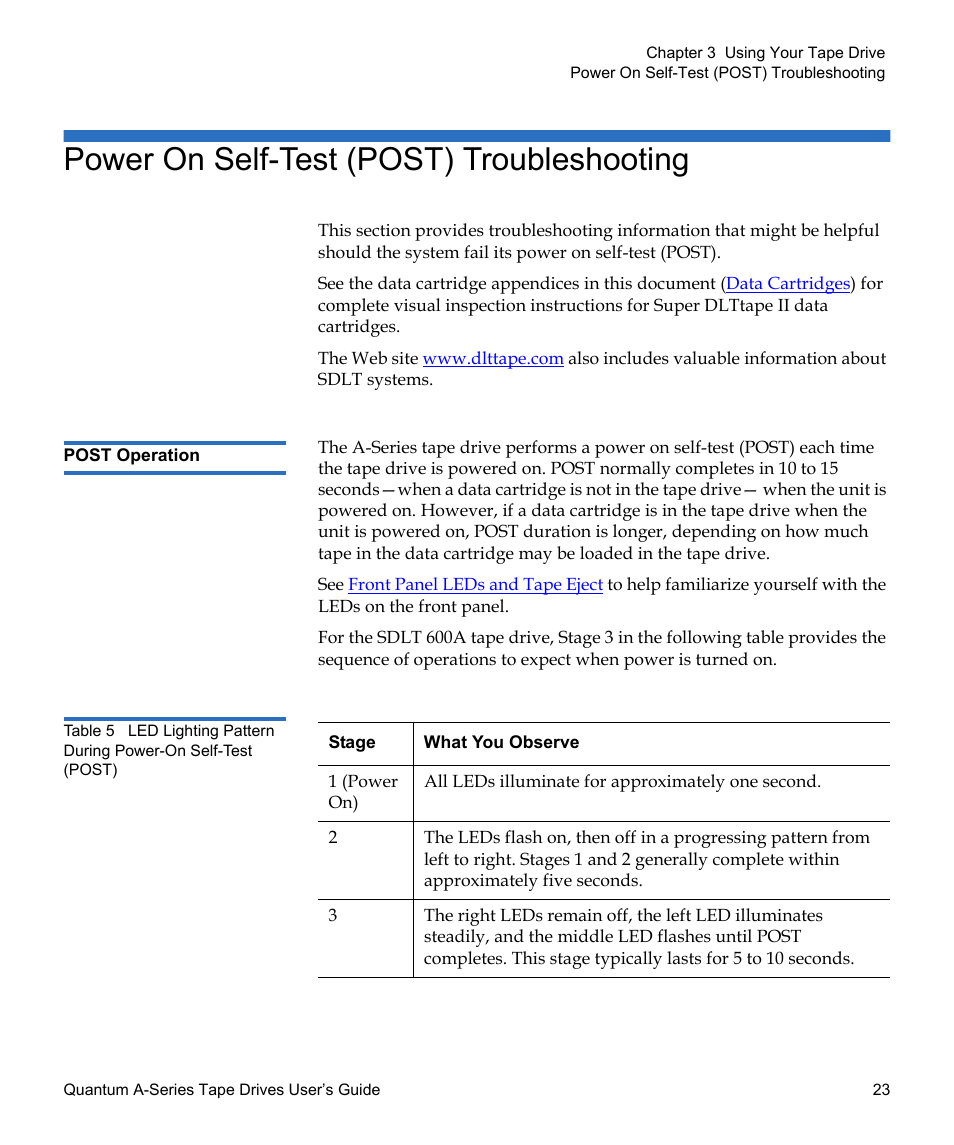 Power on self-test (post) troubleshooting, Post operation, Table 5 | Quantum Tape Drive A-Series User Manual | Page 39 / 105