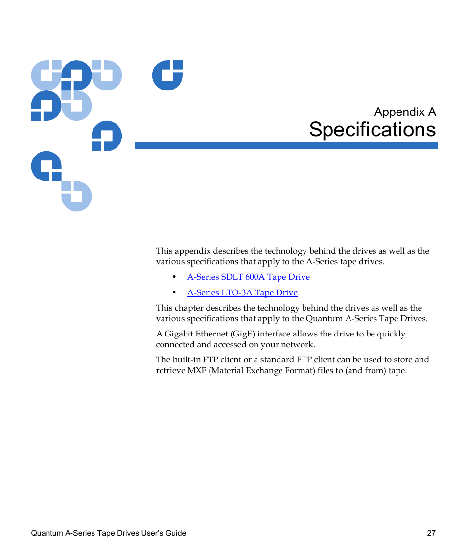 Specifications, Appendix a, Appendix a, specifications | Quantum Tape Drive A-Series User Manual | Page 43 / 105