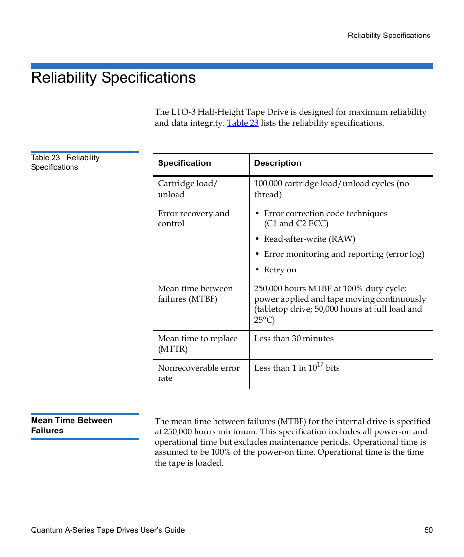 Reliability specifications, Mean time between failures, Table 23 | Quantum Tape Drive A-Series User Manual | Page 66 / 105