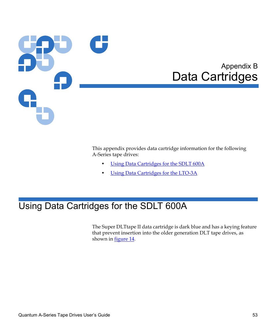 Data cartridges, Using data cartridges for the sdlt 600a, Appendix b | Appendix b, data cartridges, For fur, Ment | Quantum Tape Drive A-Series User Manual | Page 69 / 105