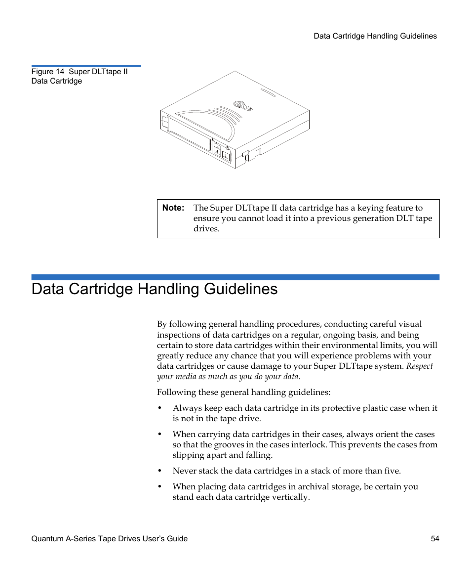 Data cartridge handling guidelines, Figure 14, Super dlttape ii data cartridge | Shown in | Quantum Tape Drive A-Series User Manual | Page 70 / 105