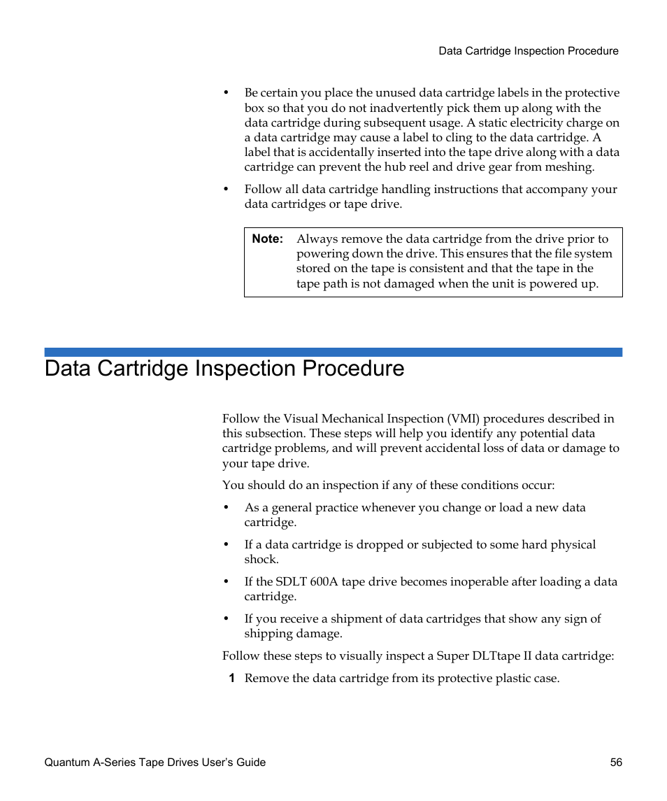 Data cartridge inspection procedure | Quantum Tape Drive A-Series User Manual | Page 72 / 105