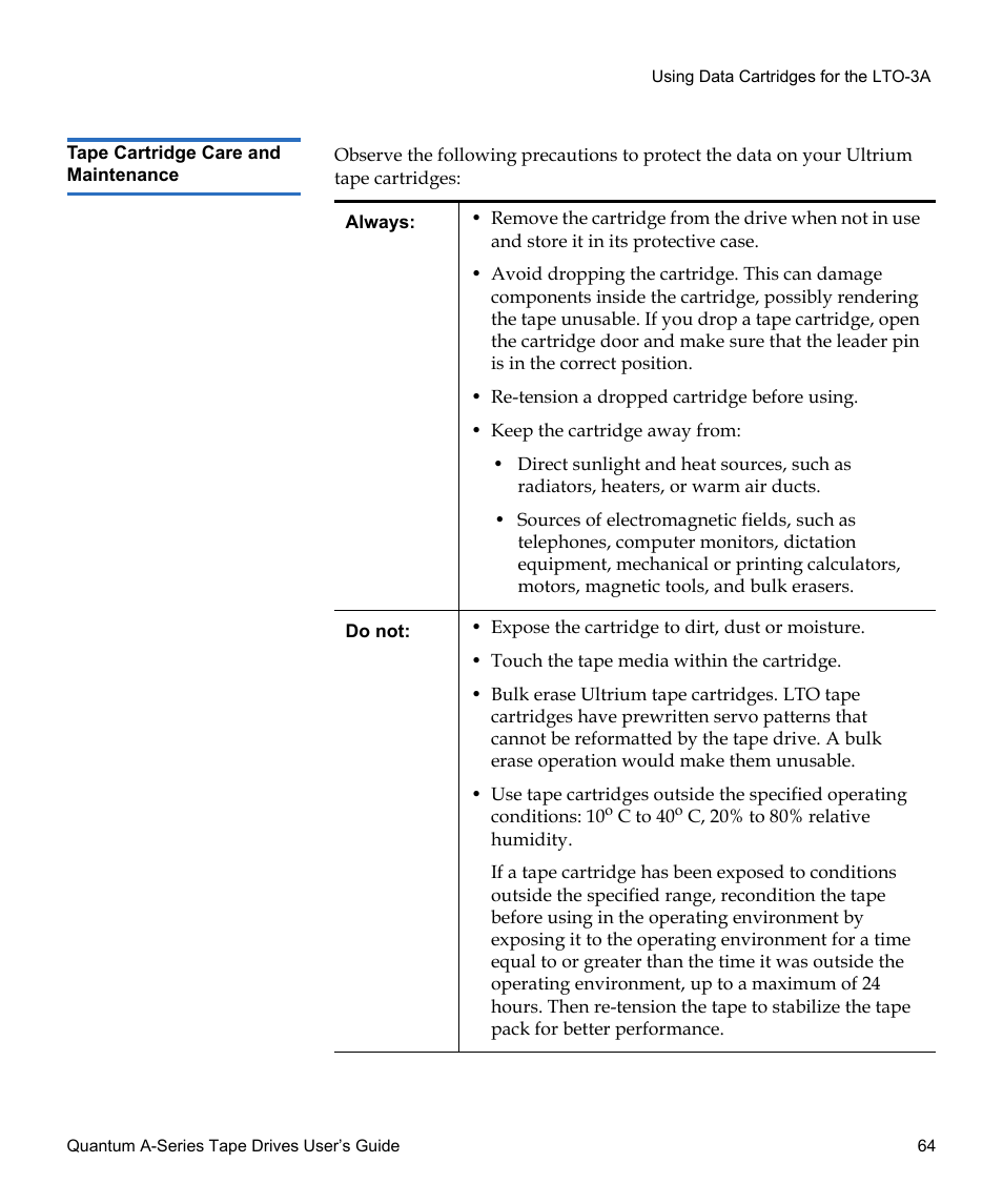 Tape cartridge care and maintenance | Quantum Tape Drive A-Series User Manual | Page 80 / 105