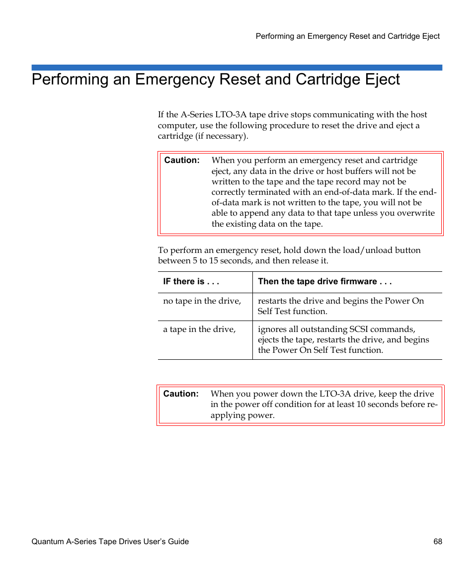 Performing an emergency reset and cartridge eject | Quantum Tape Drive A-Series User Manual | Page 84 / 105