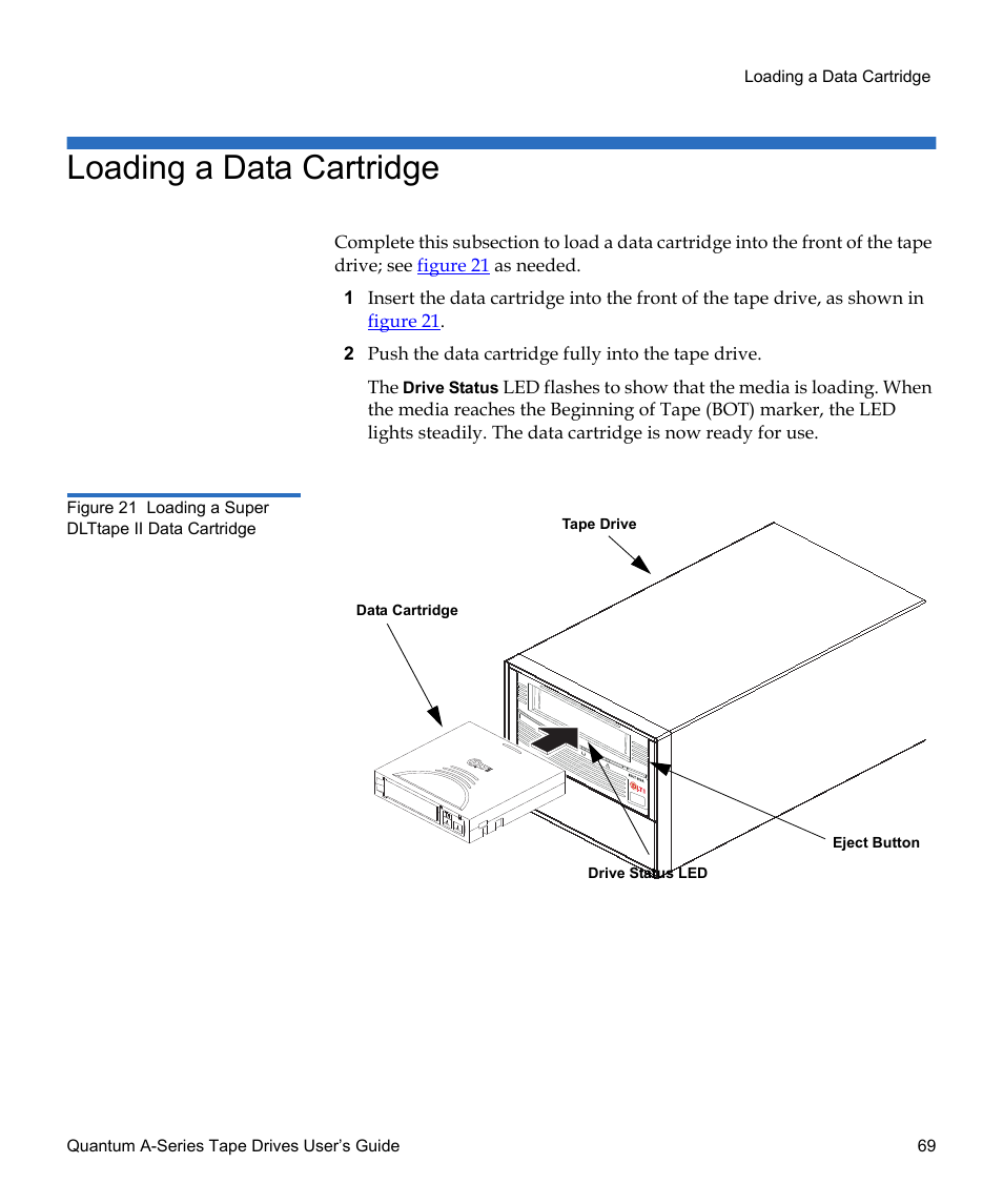 Loading a data cartridge, Figure 21, Loading a super dlttape ii data cartridge | Quantum Tape Drive A-Series User Manual | Page 85 / 105