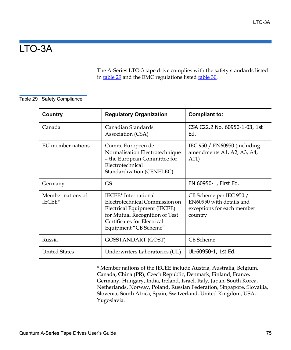 Lto-3a, Table 29, Safety compliance | Quantum Tape Drive A-Series User Manual | Page 91 / 105