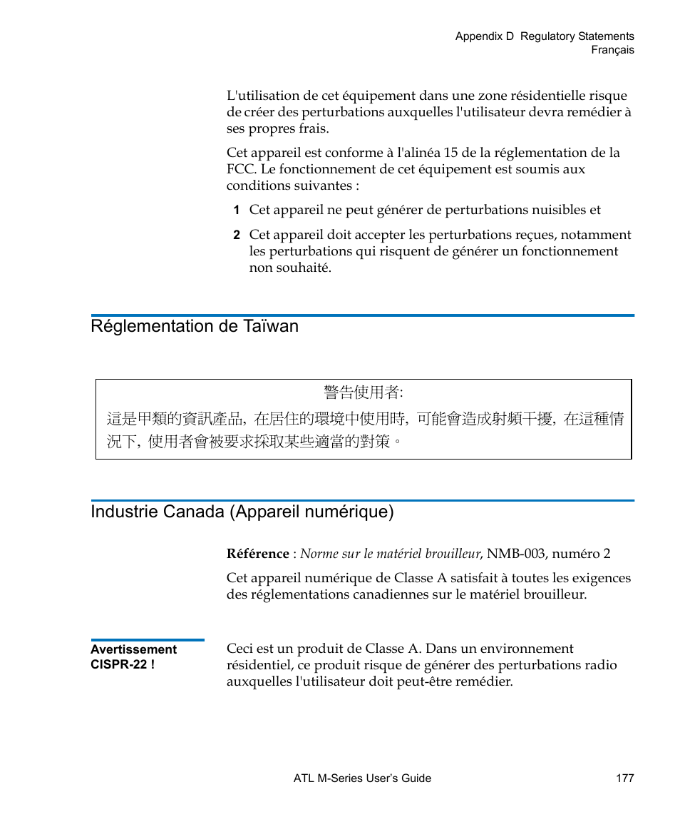 Réglementation de taïwan, Industrie canada (appareil numérique) | Quantum ATL M-Series User Manual | Page 195 / 222