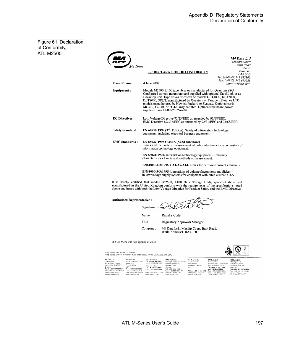 Figure 61 declaration of conformity, atl m2500 | Quantum ATL M-Series User Manual | Page 215 / 222