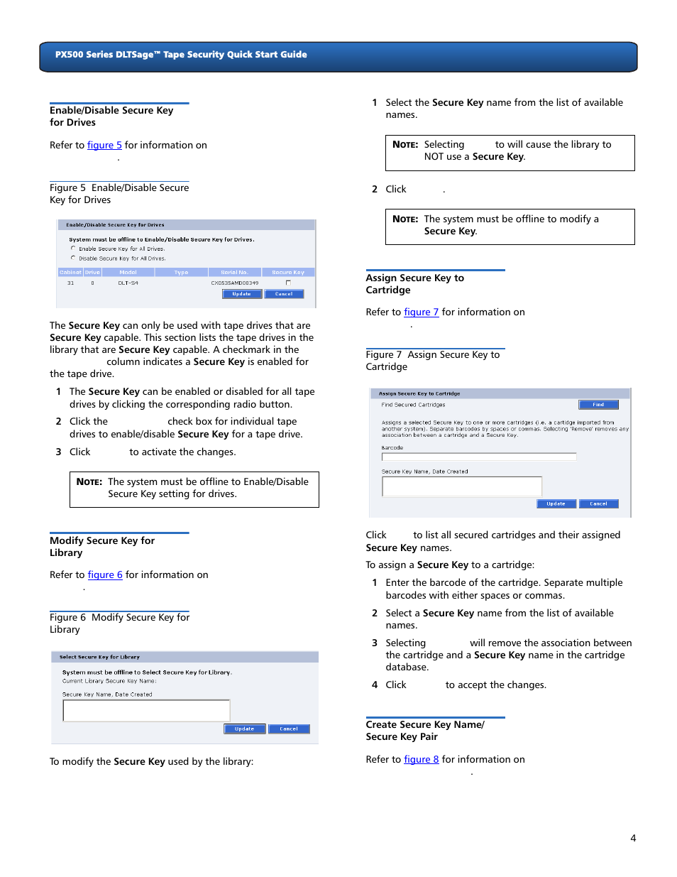 Enable/disable secure key for drives, Modify secure key for library, Assign secure key to cartridge | Create secure key name/ secure key pair, 4 modify secure key for library, 4 assign secure key to cartridge, 4 create secure key name/secure key pair, Create secure key name/secure key pair | Quantum DLTSageTM Tape Security PX500 Series User Manual | Page 4 / 6