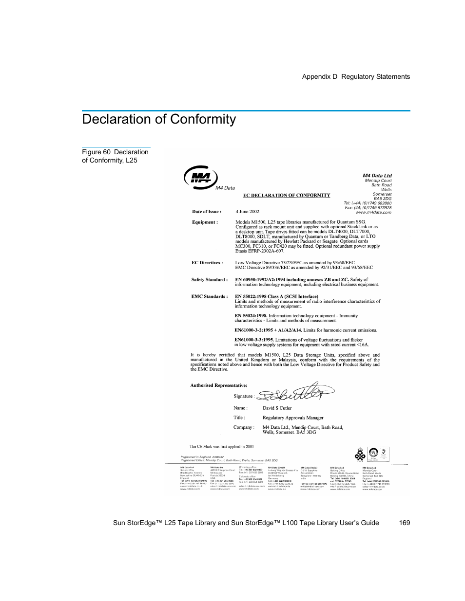 Figure 60 declaration of conformity, l25, Declaration of conformity | Quantum Sun StorEdge L100 User Manual | Page 185 / 192