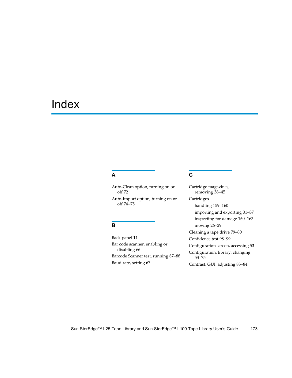 Index | Quantum Sun StorEdge L100 User Manual | Page 189 / 192