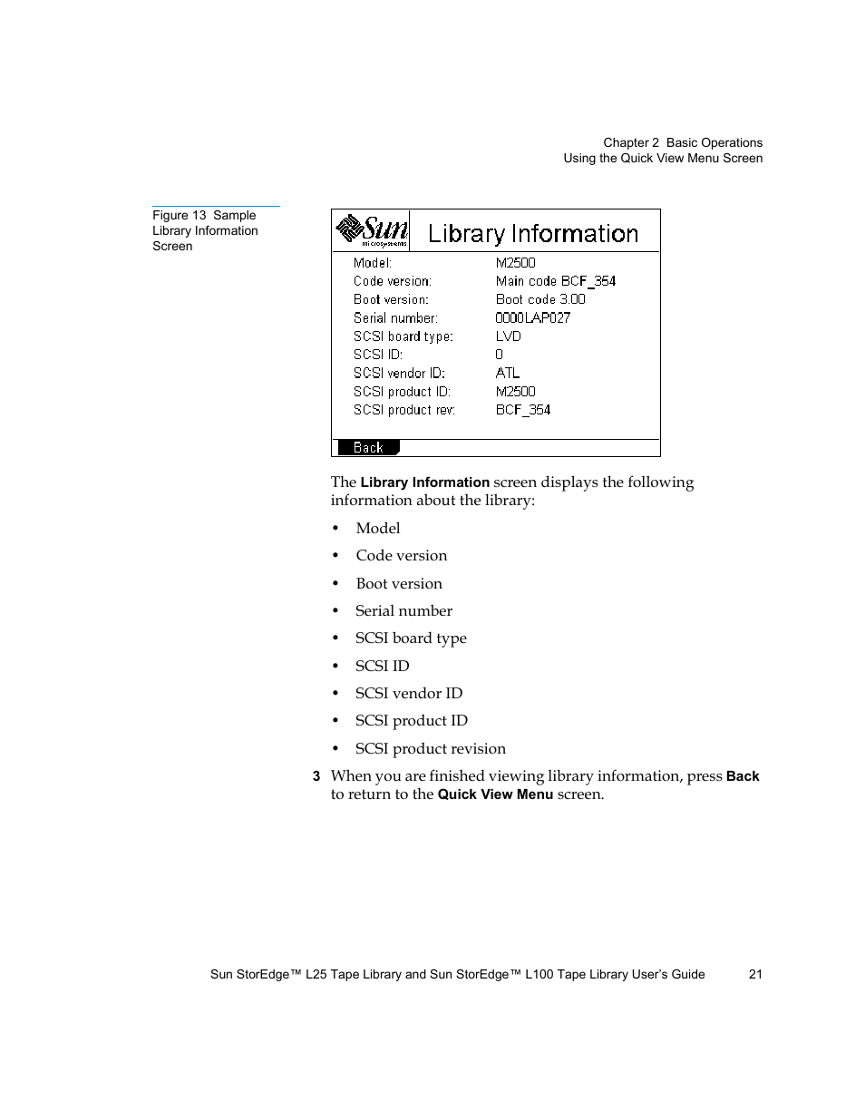 Figure 13 sample library information screen, Figure 13 | Quantum Sun StorEdge L100 User Manual | Page 37 / 192