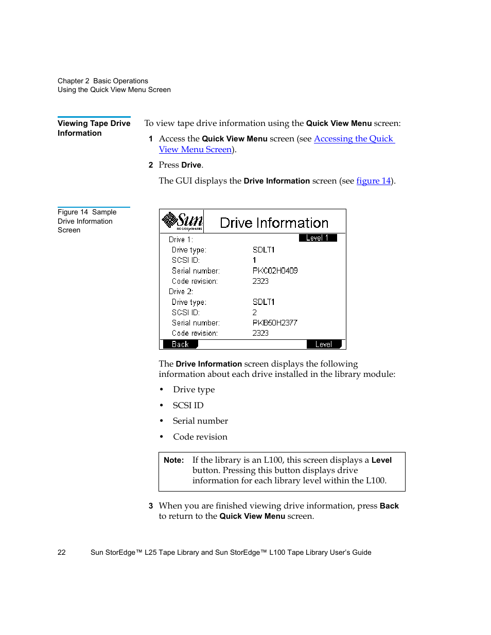 Viewing tape drive information, Figure 14 sample drive information screen | Quantum Sun StorEdge L100 User Manual | Page 38 / 192