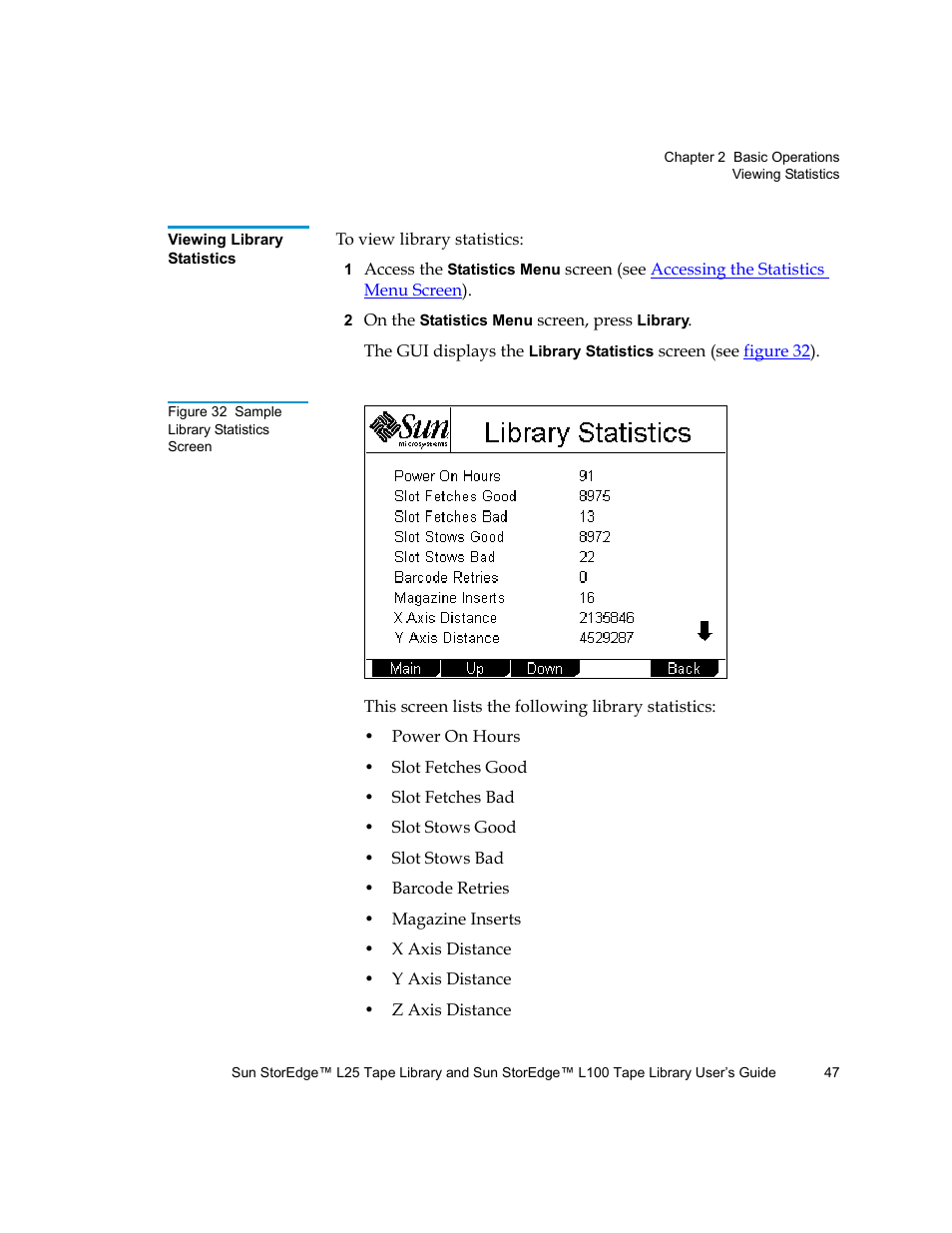 Viewing library statistics, Figure 32 sample library statistics screen | Quantum Sun StorEdge L100 User Manual | Page 63 / 192