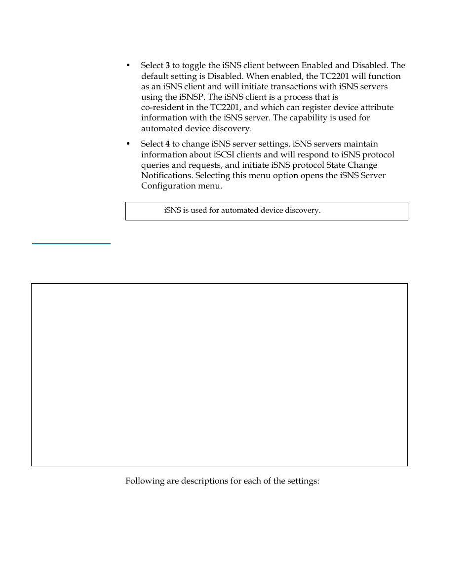 Table 16, Isns server configuration menu | Quantum TC2201 User Manual | Page 102 / 164