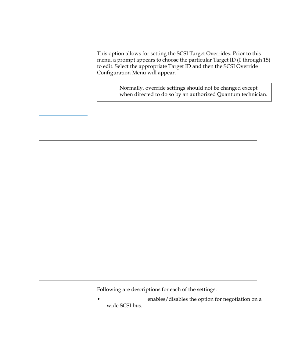 Table 20, Scsi target overrides menu | Quantum TC2201 User Manual | Page 107 / 164
