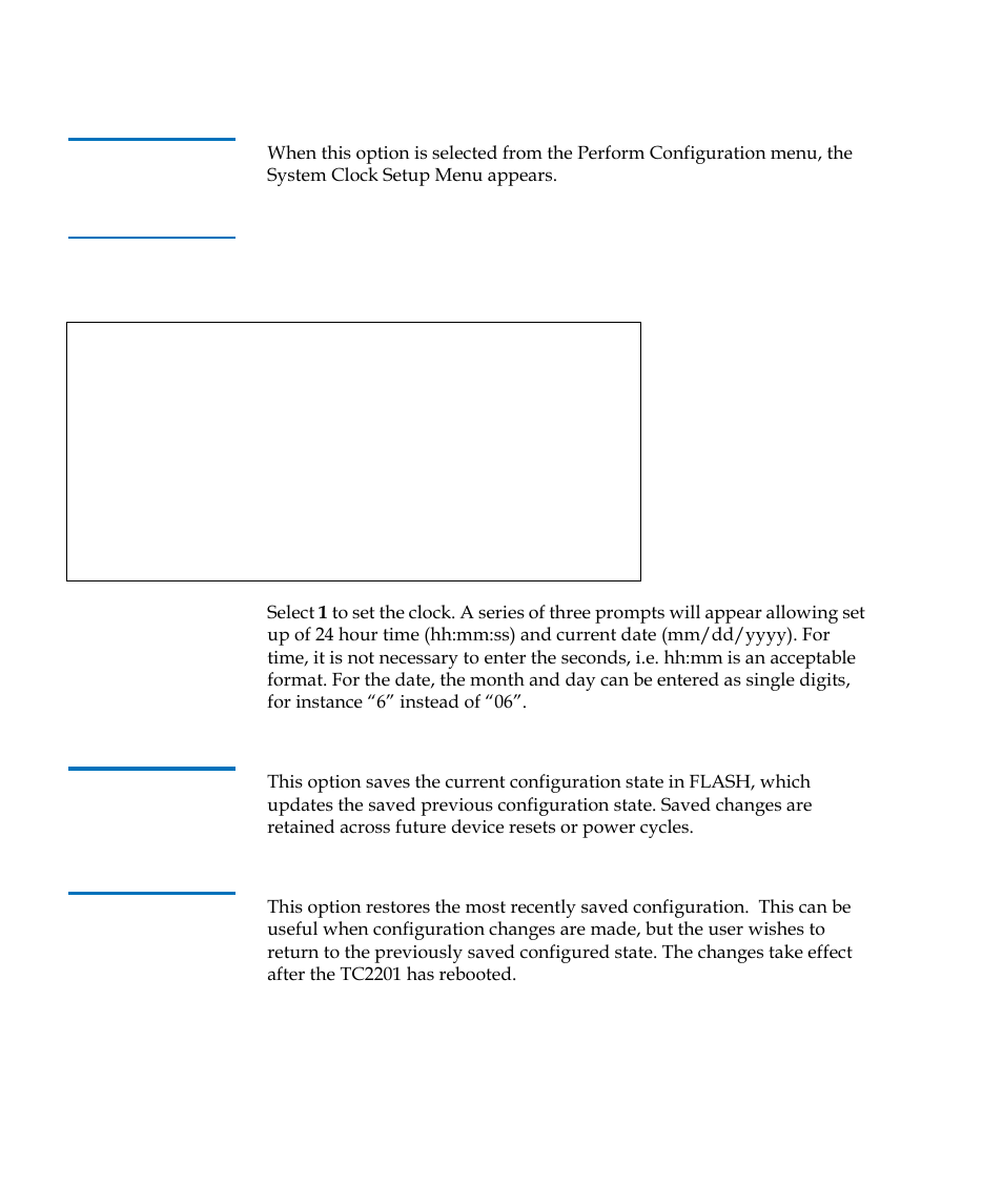 Real-time clock configuration, Save configuration, Restore last saved configuration | Table 46, System clock setup menu | Quantum TC2201 User Manual | Page 132 / 164