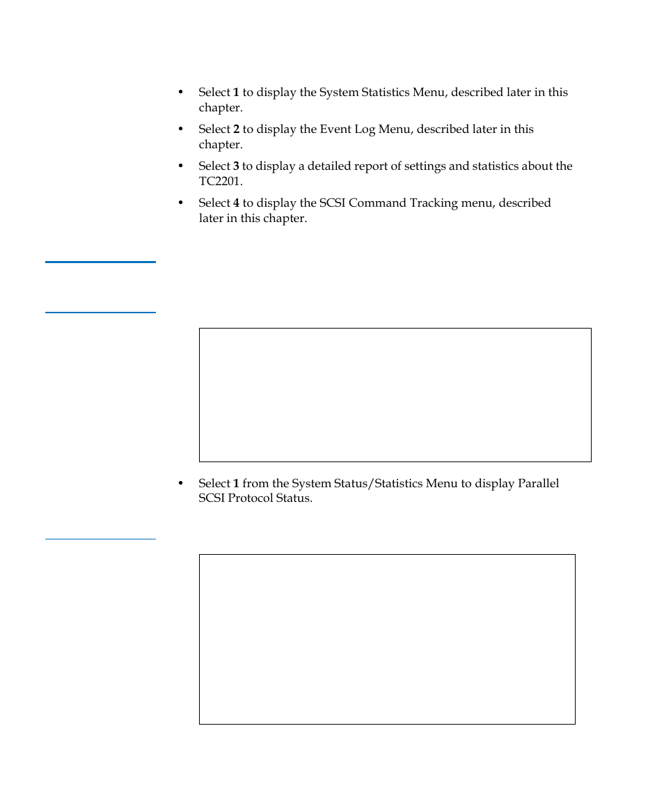 System statistics, Table 48, Sysem status/statistics menu | Table 49, Parallel scsi protocol status menu | Quantum TC2201 User Manual | Page 134 / 164