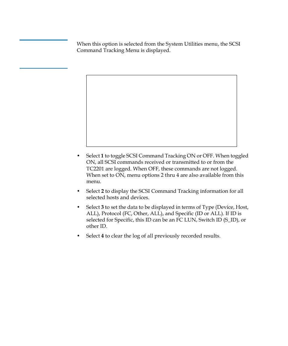 Scsi command tracking, Table 53, Scsi command tracking menu | Quantum TC2201 User Manual | Page 138 / 164