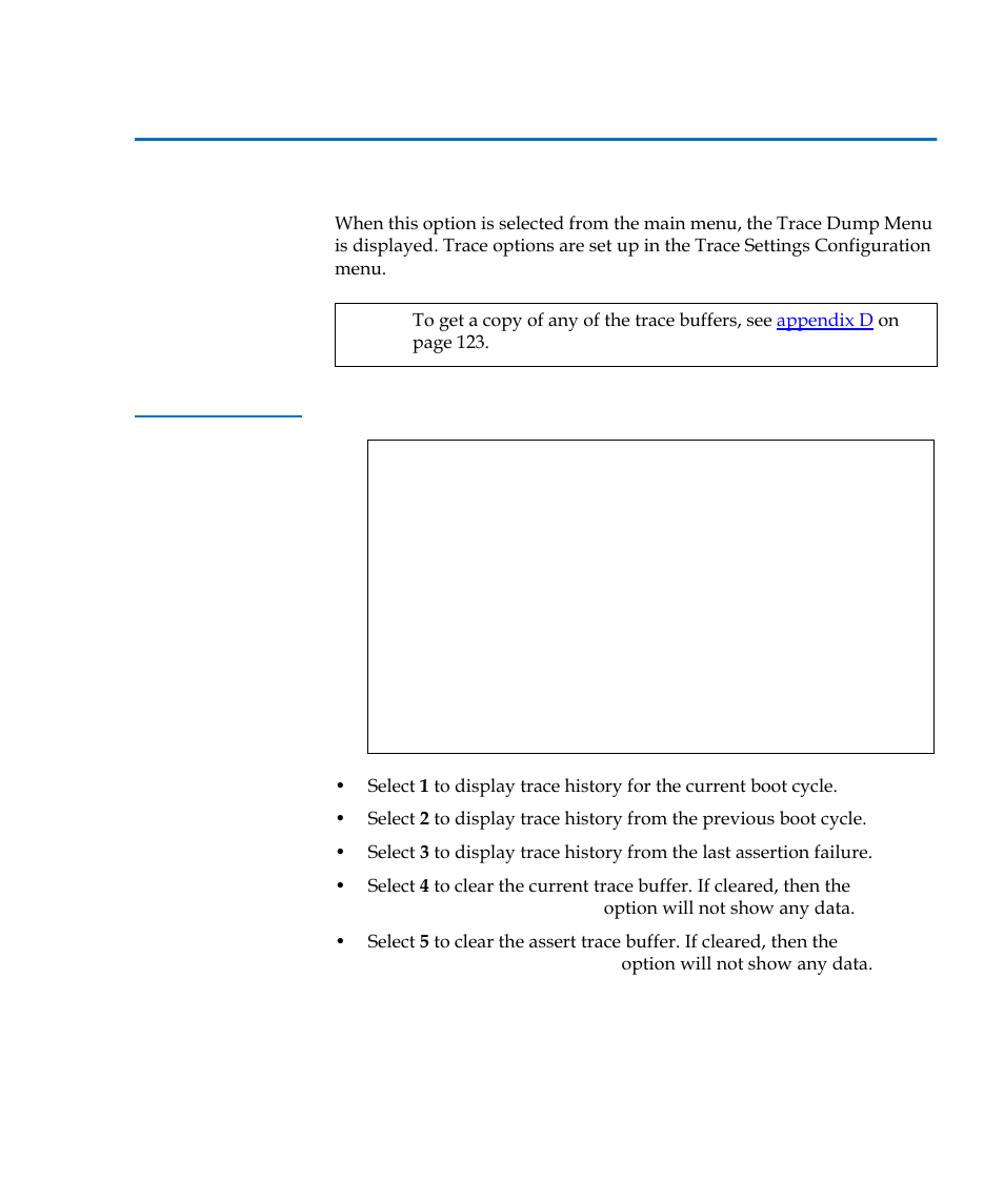 Display trace and assertion history, Table 54, Trace dump menu | Quantum TC2201 User Manual | Page 139 / 164