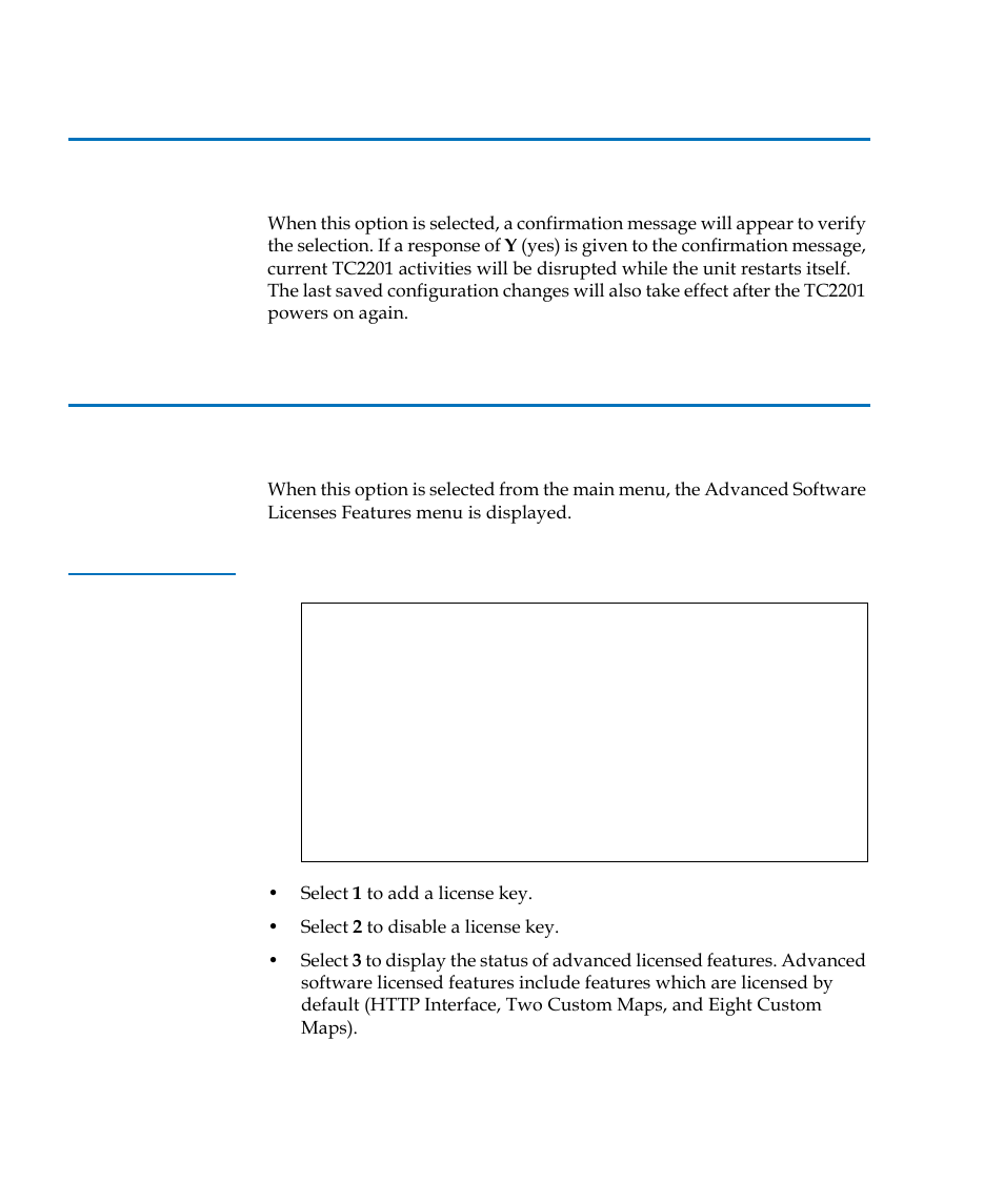 Reboot, Advanced software licensed features, Table 55 | Advanced software licences menu | Quantum TC2201 User Manual | Page 140 / 164