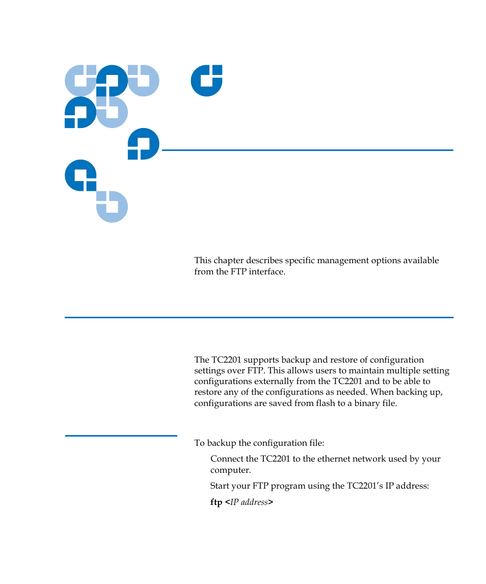 Using the ftp interface, Backup/restore configuration settings, Configuration backup procedure | Appendix d, Appendix d, using the ftp interface, Provides infor | Quantum TC2201 User Manual | Page 143 / 164