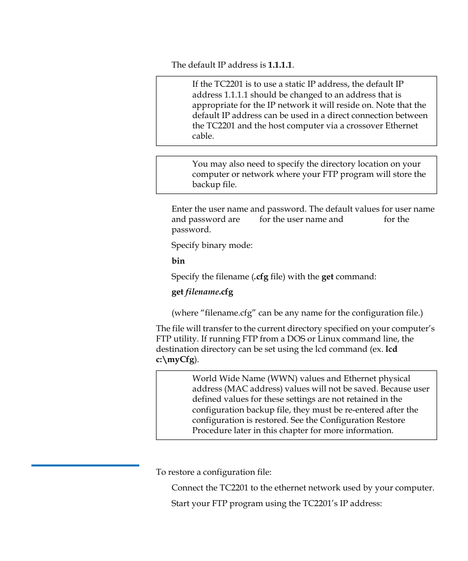 Configuration restore procedure | Quantum TC2201 User Manual | Page 144 / 164