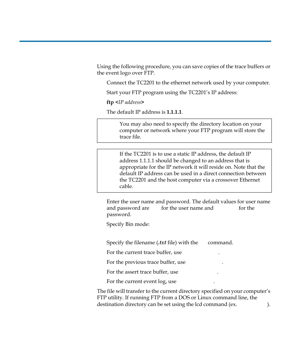 Get a copy of trace buffer or event log | Quantum TC2201 User Manual | Page 146 / 164