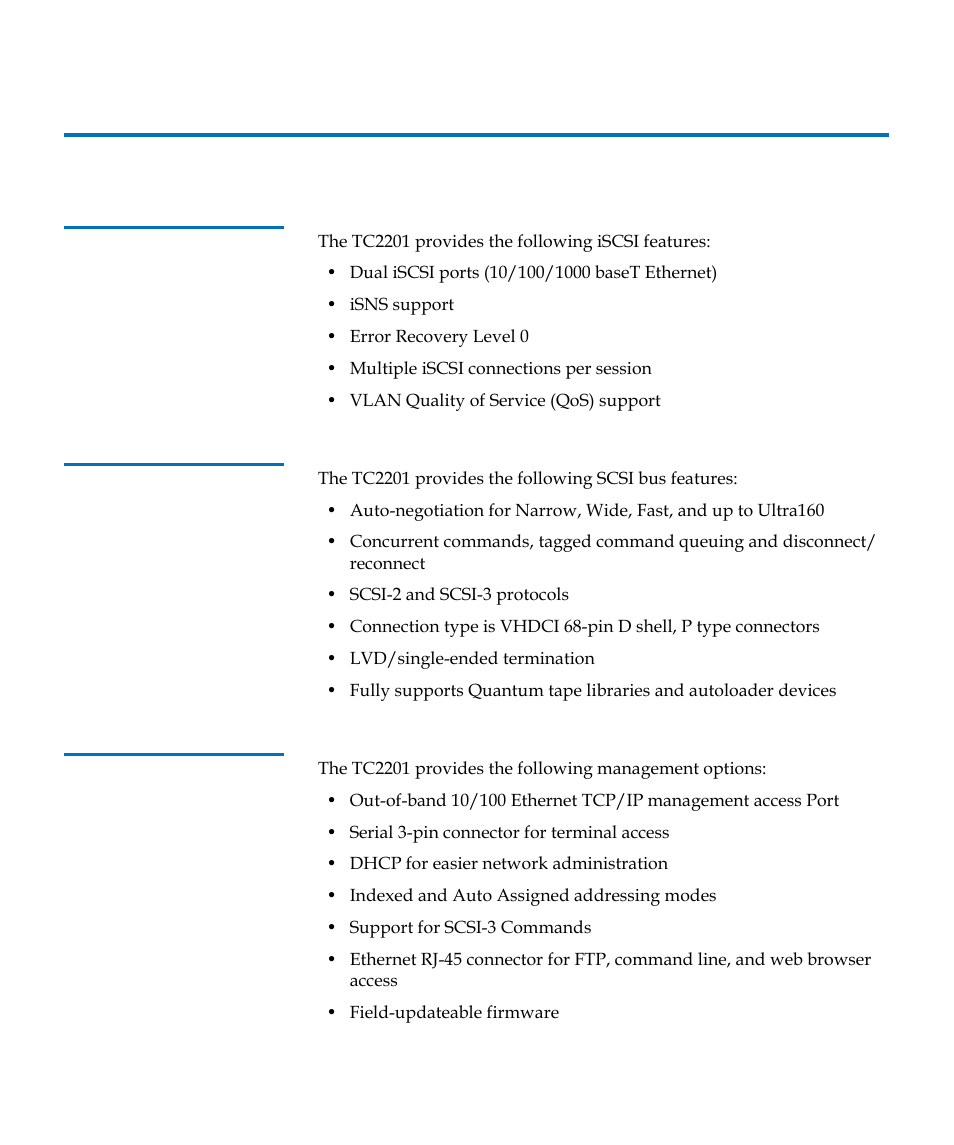 Tc2201 features, Iscsi features, Scsi bus features | Management features | Quantum TC2201 User Manual | Page 26 / 164