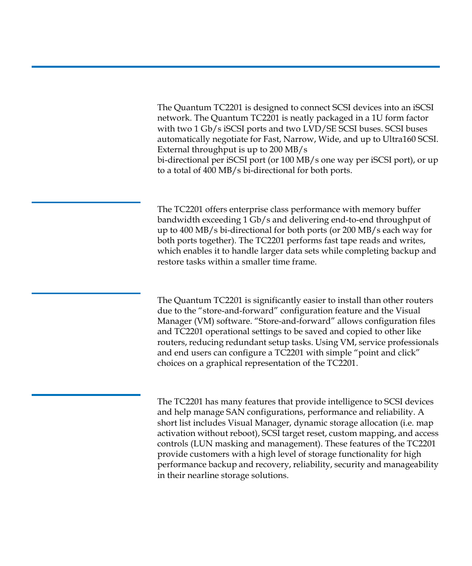 Tc2201 benefits, Enterprise class performance, San management reduction | Add intelligence to scsi storage | Quantum TC2201 User Manual | Page 27 / 164