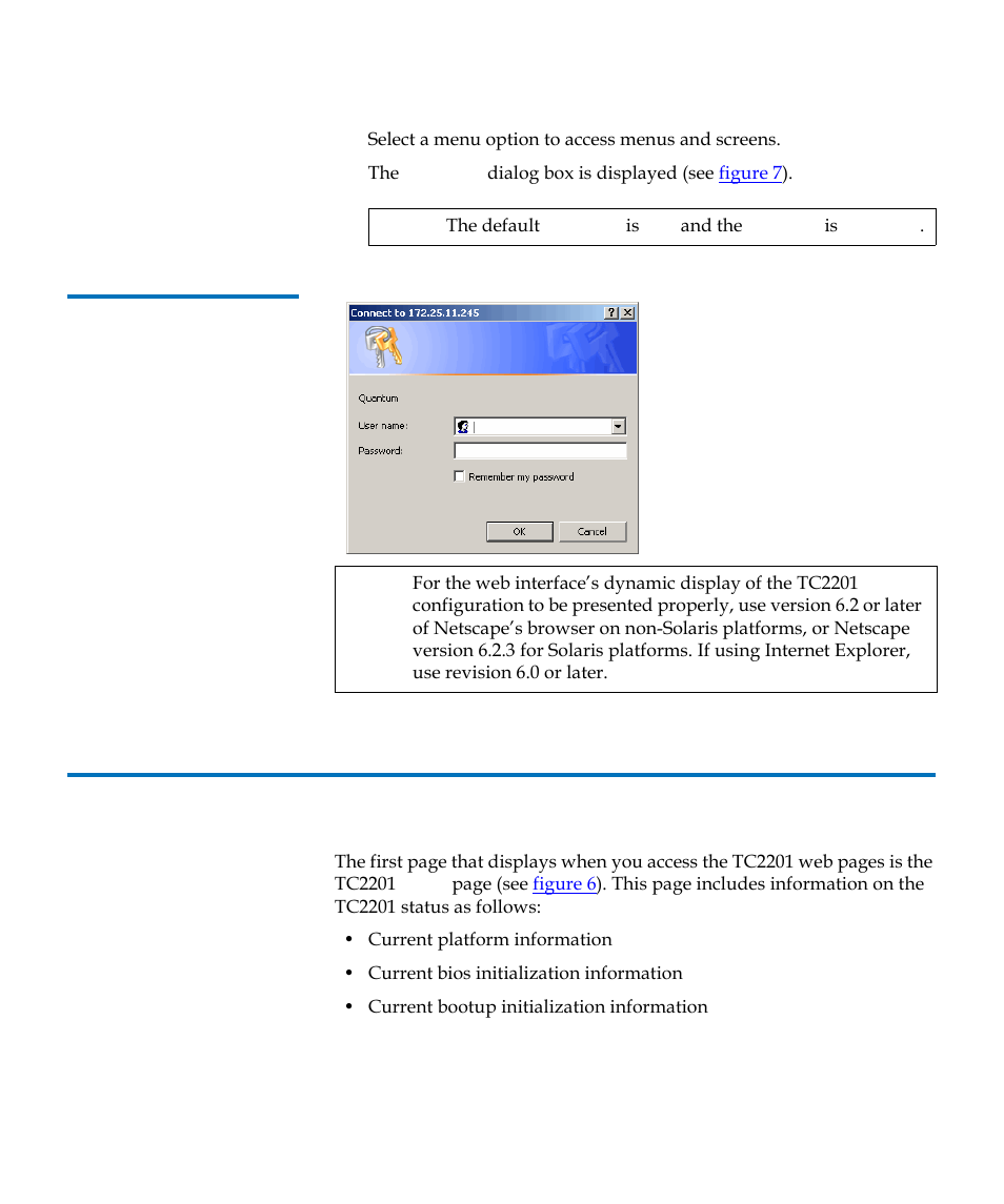 Figure 7, Password dialog, Home page | Quantum TC2201 User Manual | Page 32 / 164