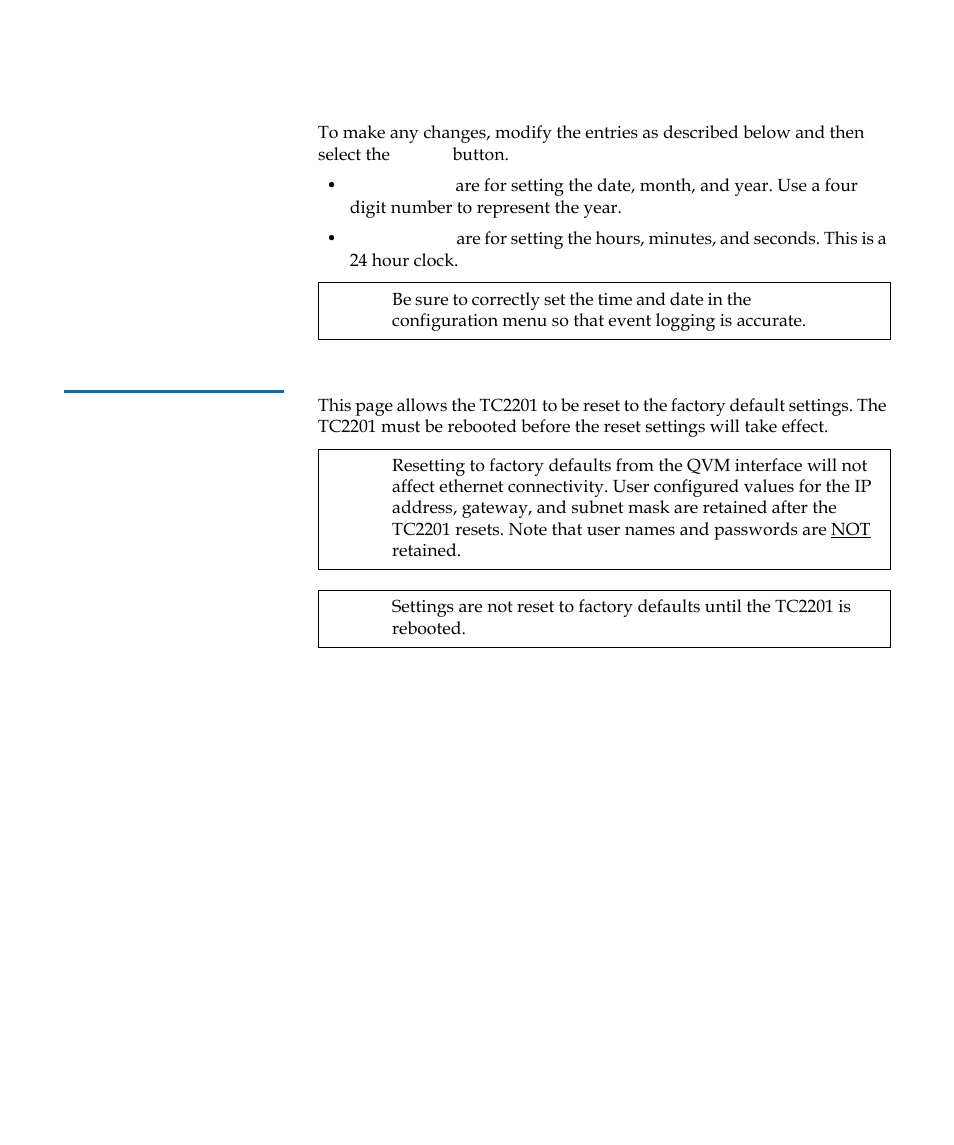Factory settings reset | Quantum TC2201 User Manual | Page 41 / 164