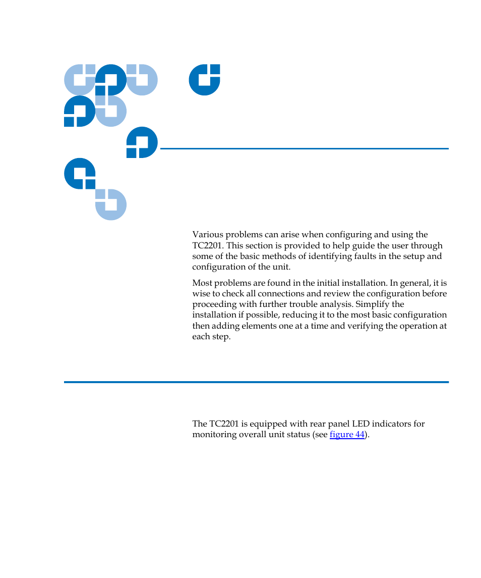 Troubleshooting, Indicators, Chapter 3 | Chapter 3, troubleshooting | Quantum TC2201 User Manual | Page 76 / 164