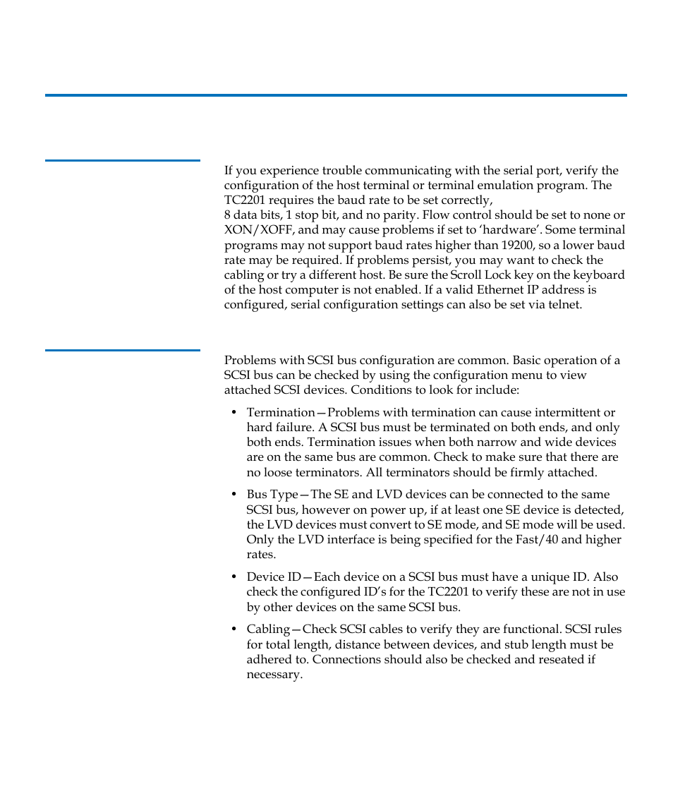 Basic verification, Serial port problems, Verify scsi bus configuration | Quantum TC2201 User Manual | Page 78 / 164