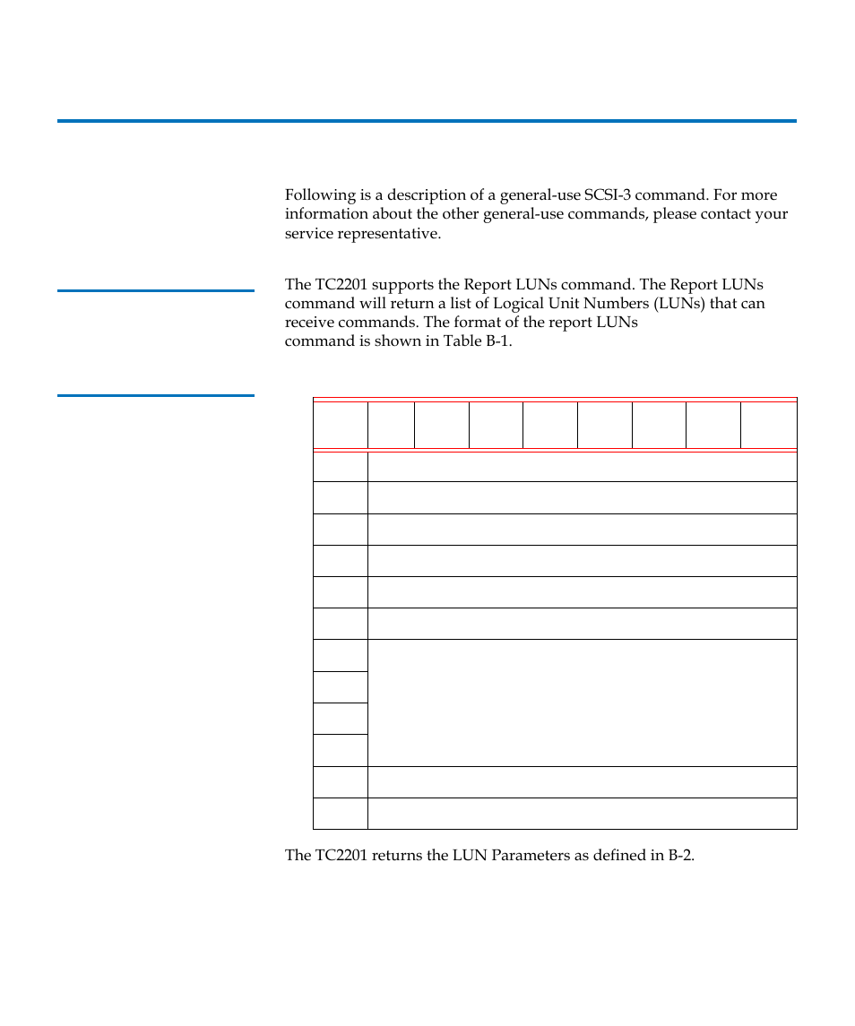General commands, Report luns command, Table 2 | Format of report luns command | Quantum TC2201 User Manual | Page 86 / 164