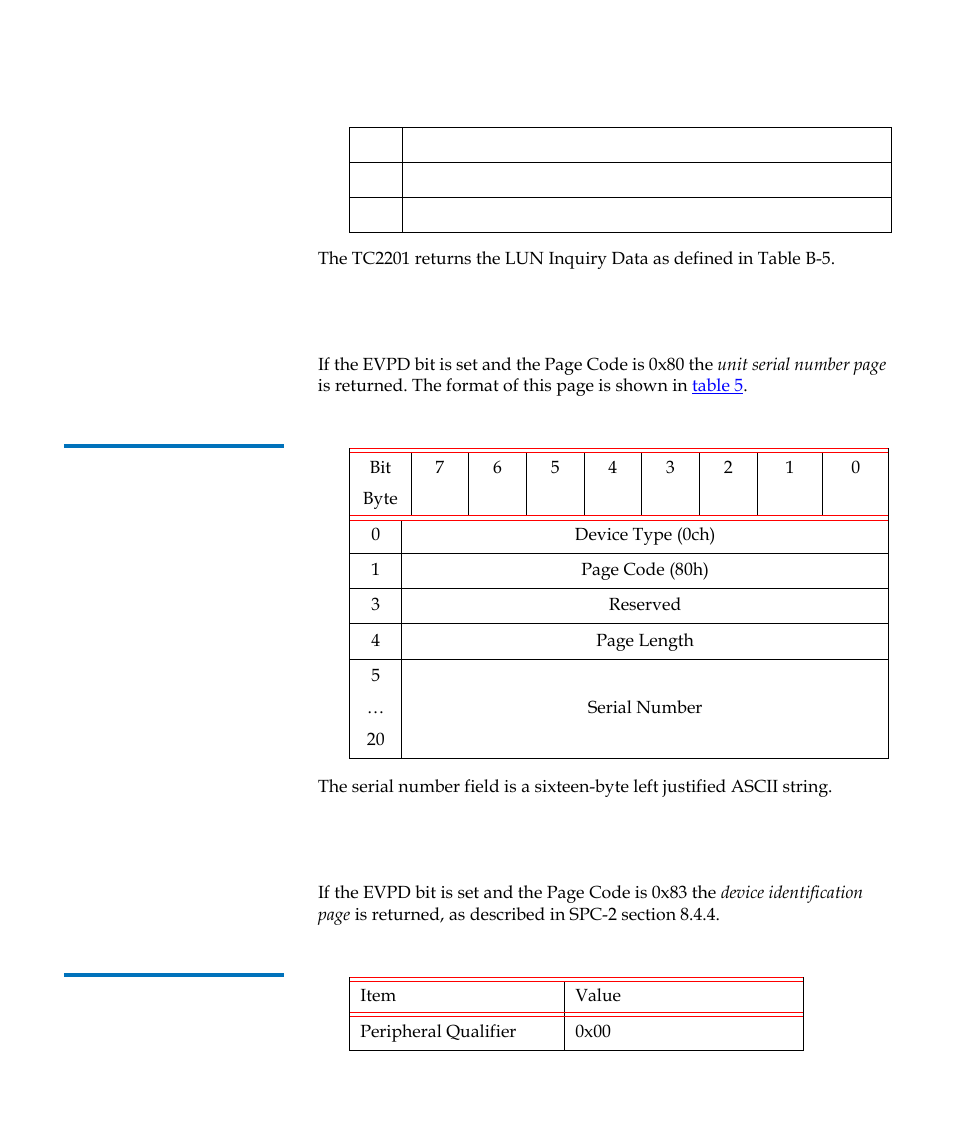 Table 5, Table 6, Tc2201 lun inquiry data | Quantum TC2201 User Manual | Page 88 / 164