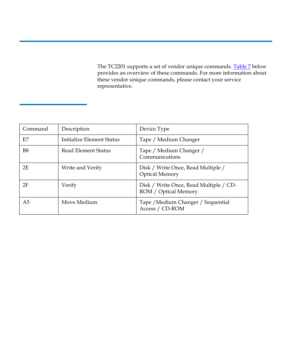 Vendor unique commands, Table 7 | Quantum TC2201 User Manual | Page 90 / 164