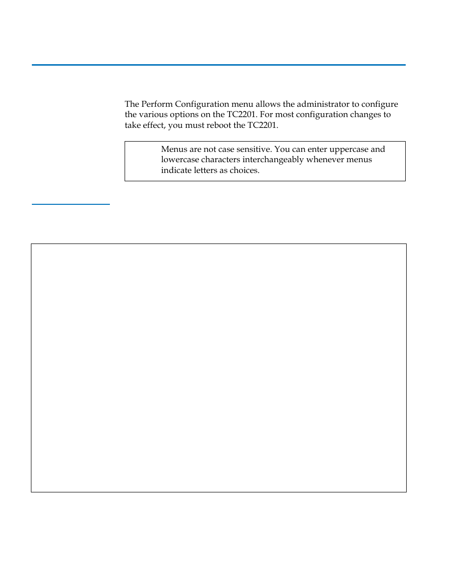 Perform configuration, Table 9, Configuration menu | Quantum TC2201 User Manual | Page 94 / 164