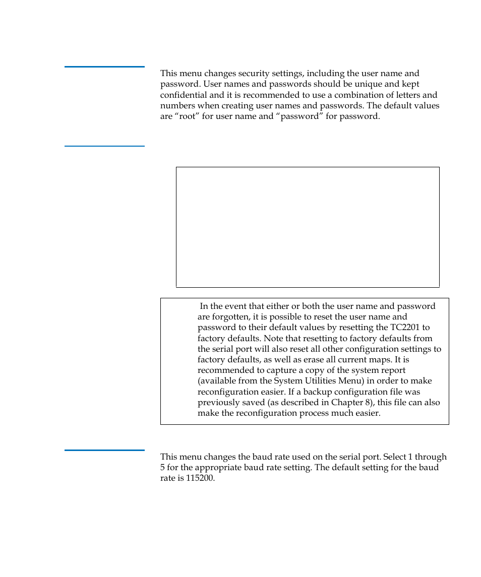 User settings configuration, Baud rate configuration, Table 10 | User settings configuration menu | Quantum TC2201 User Manual | Page 95 / 164