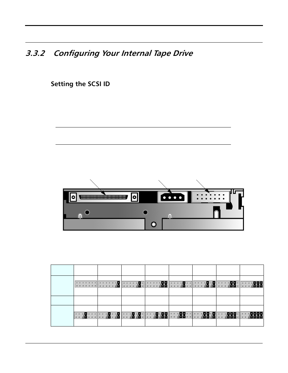 2 configuring your internal tape drive, Setting the scsi id, Configuring your internal tape drive -11 | Setting the scsi id -11, Table 3-1. selecting the scsi id -11 | Quantum Tape Drive DLT VS80 User Manual | Page 25 / 50