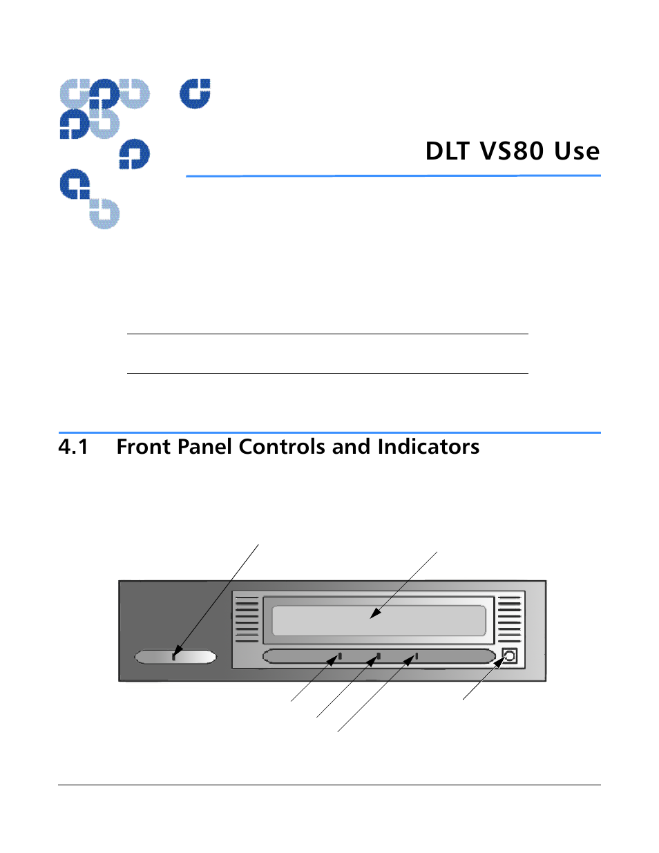 Dlt vs80 use, 1 front panel controls and indicators, Front panel controls and indicators -1 | Chapter 4, “dlt vs80 use | Quantum Tape Drive DLT VS80 User Manual | Page 37 / 50