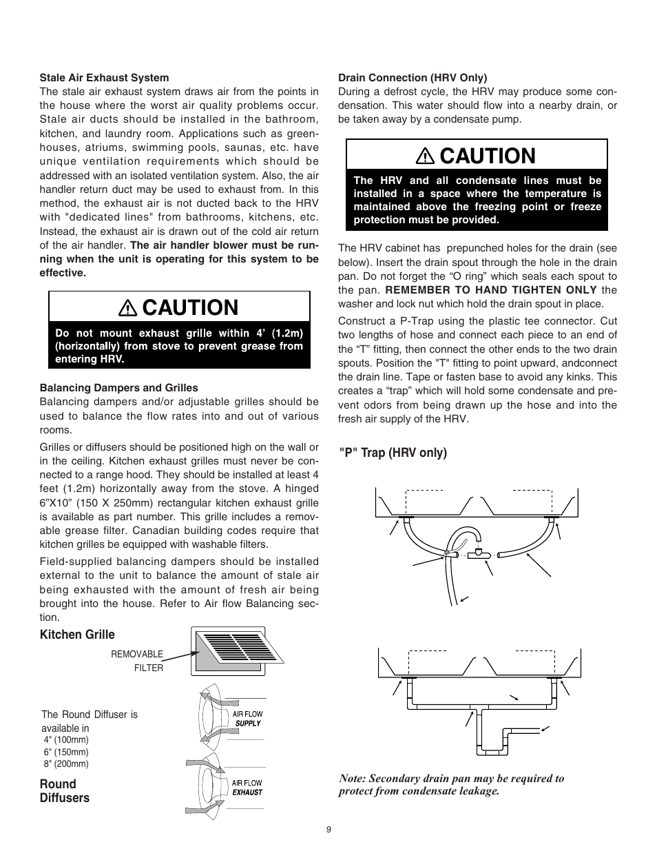 Caution, Round diffusers kitchen grille, P" trap (hrv only) | Tradewins Furniture RNC20 User Manual | Page 9 / 24