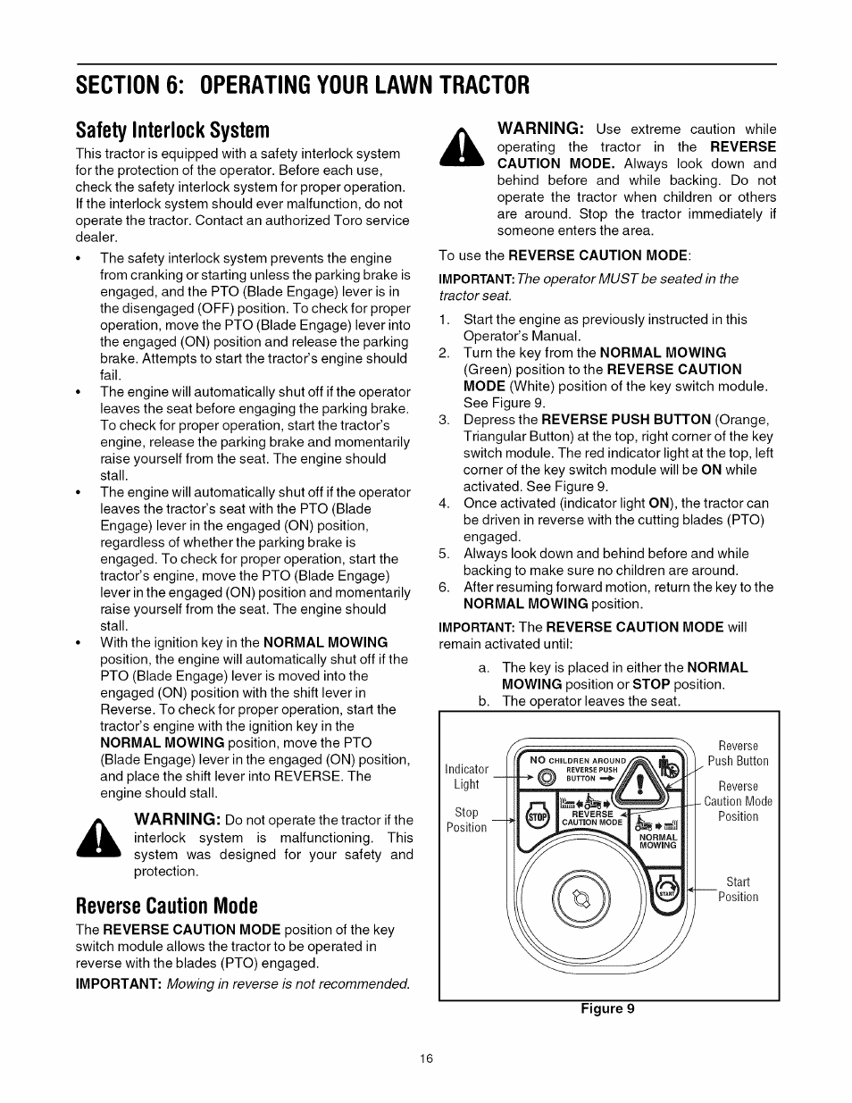 Important: the reverse caution mode will, Reverse caution mode | Toro 13AX60RG744 User Manual | Page 16 / 36