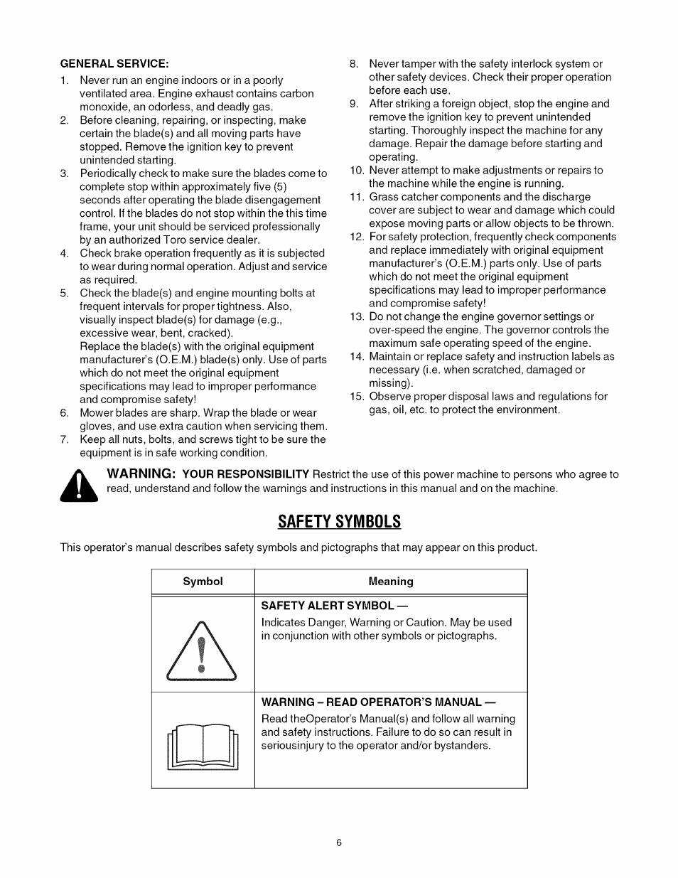 General service, Symbol, Meaning | Safety alert symbol, Warning - read operator’s manual, Safety symbols | Toro 13AX60RG744 User Manual | Page 6 / 36
