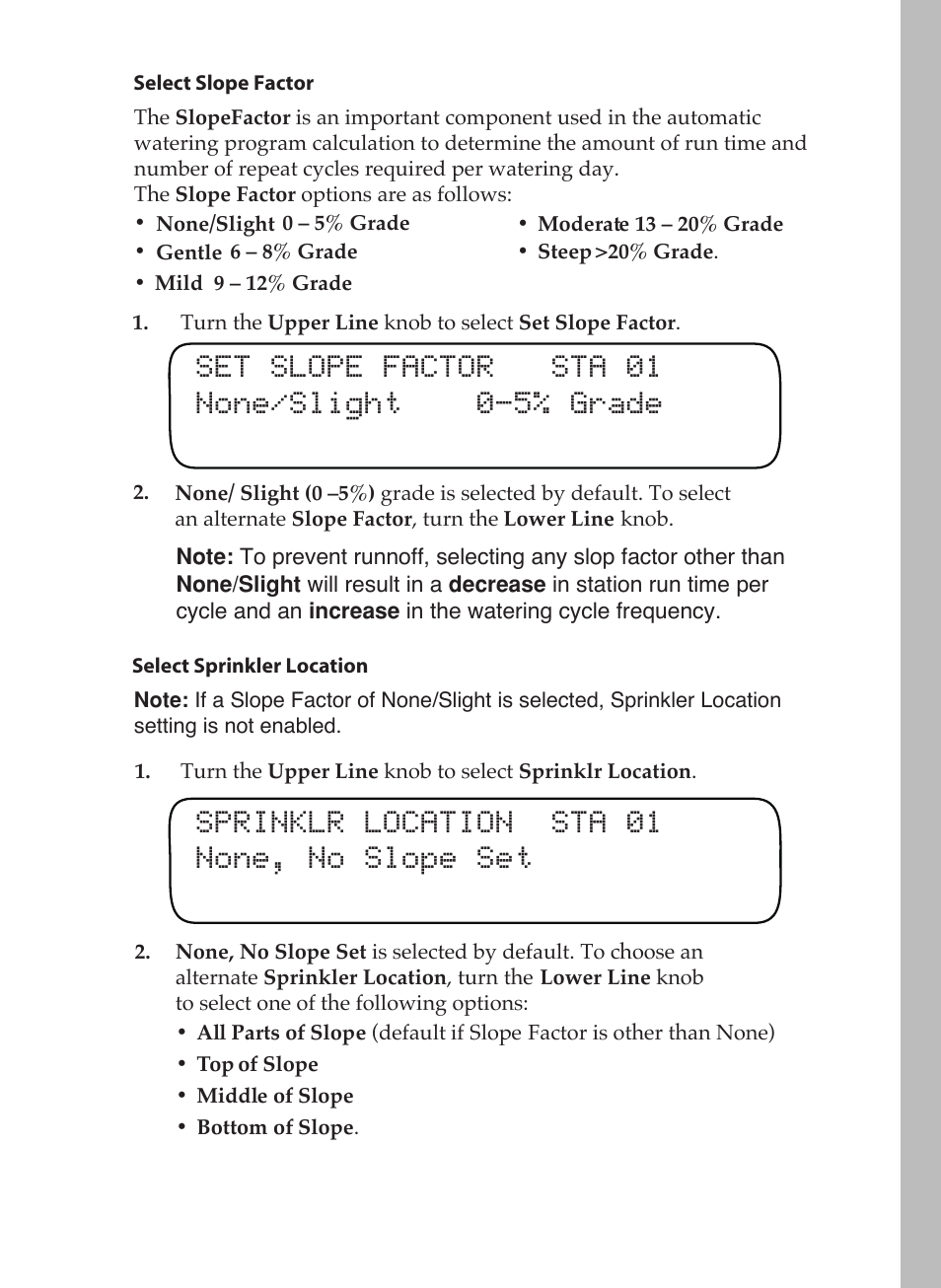 Set slope factor sta 01 none/slight 0-5% grade, Sprinklr location sta 01 none, no slope set | Toro 12 User Manual | Page 37 / 88
