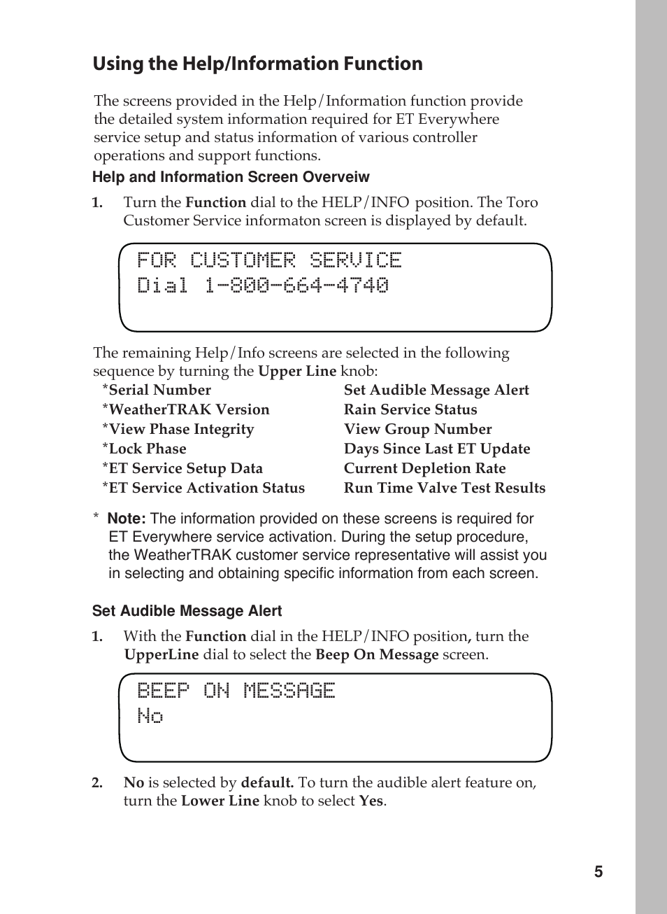 Beep on message no, Using the help/information function | Toro 12 User Manual | Page 65 / 88