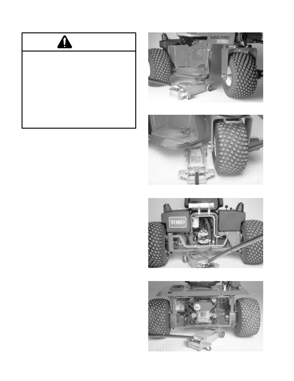 Jacking instructions, Caution | Toro Sand Pro 5020 User Manual | Page 8 / 170