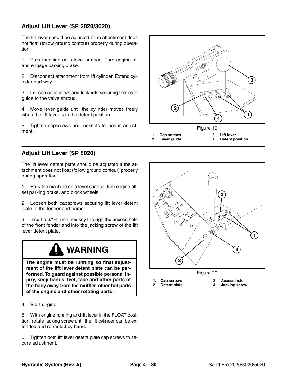 Adjust lift lever (sp 2020/3020), Adjust lift lever (sp 5020), Warning | Toro Sand Pro 5020 User Manual | Page 80 / 170