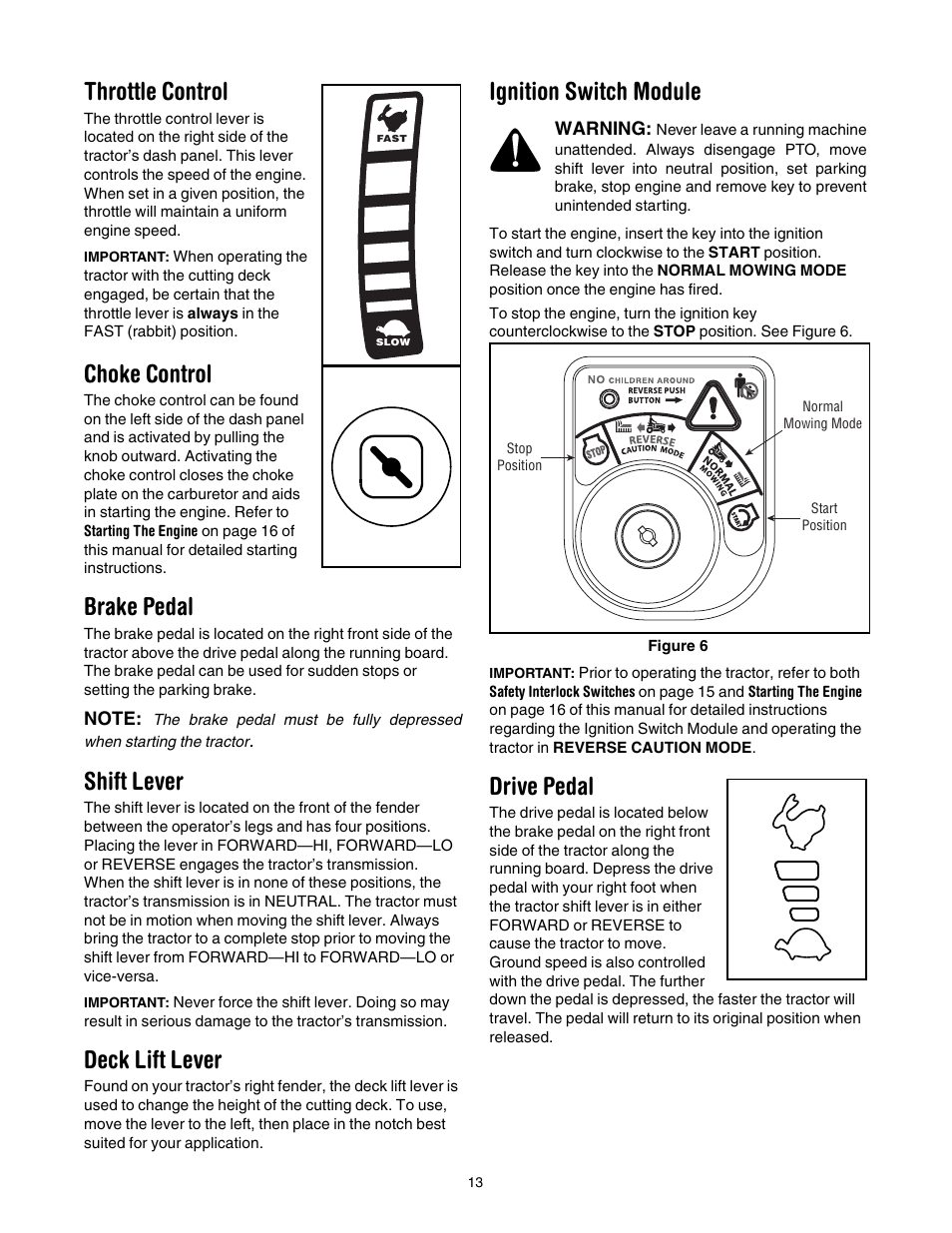 Throttle control, Choke control, Brake pedal | Shift lever, Deck lift lever, Ignition switch module, Drive pedal | Toro 14AP80RP744 User Manual | Page 13 / 32