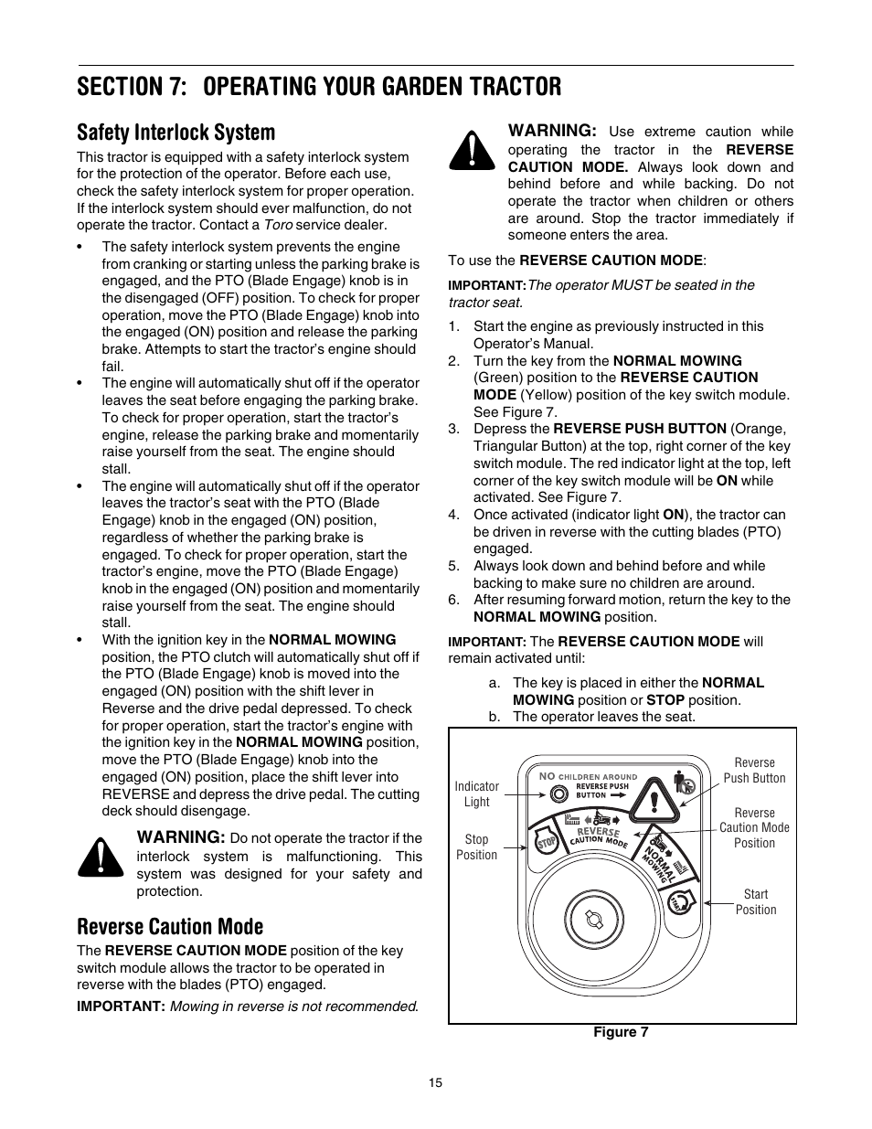 Section 7: operating your garden tractor, Safety interlock system, Reverse caution mode | 15 an, Operating your garden tractor | Toro 14AP80RP744 User Manual | Page 15 / 32